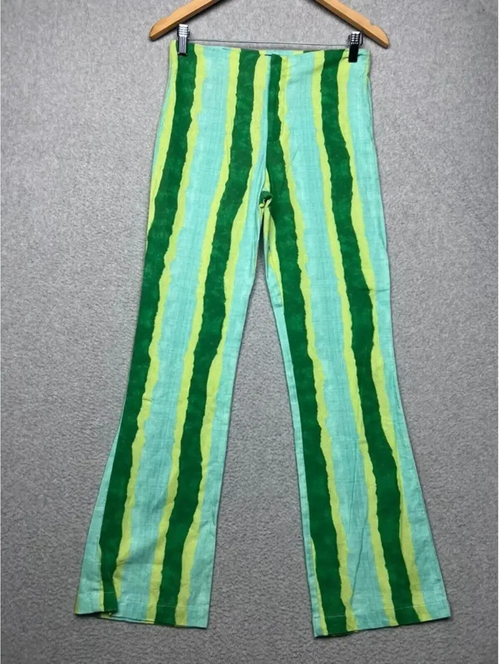 Zara Flared Striped Linen Blend Pants High Waist Green Yellow Watermelon Boho S